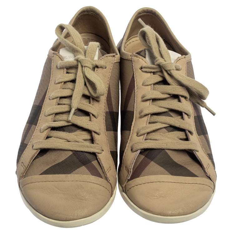 Pre Owned Burberry Beige/Grey Novacheck Canvas And Leather Cap Toe Low Top Sneakers Size 37