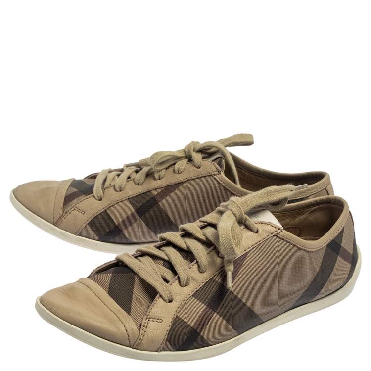 Pre Owned Burberry Beige/Grey Novacheck Canvas And Leather Cap Toe Low Top Sneakers Size 37