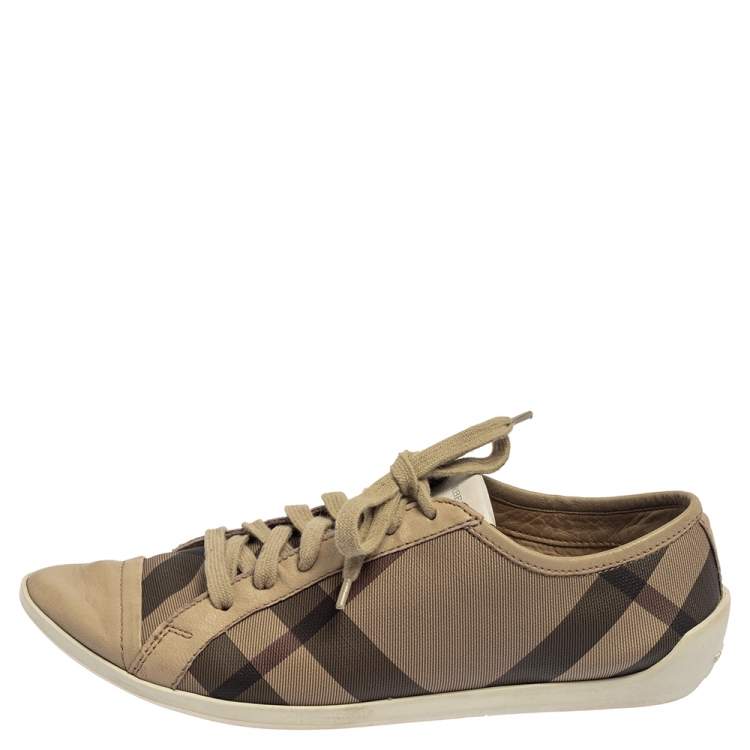 Pre Owned Burberry Beige/Grey Novacheck Canvas And Leather Cap Toe Low Top Sneakers Size 37