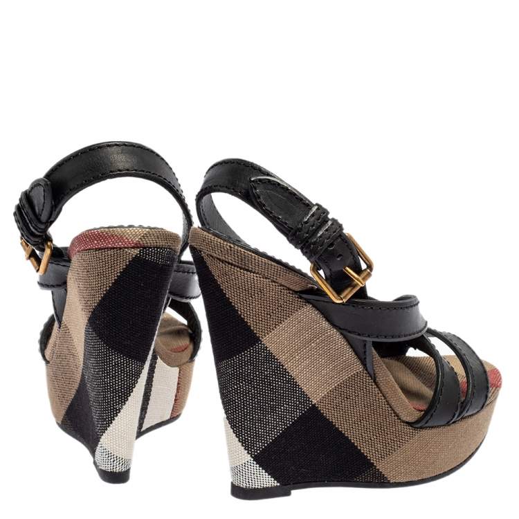 Pre Owned Burberry Black Leather and Nova Check Canvas Warlow Platform Wedge Sandals Size 37.5