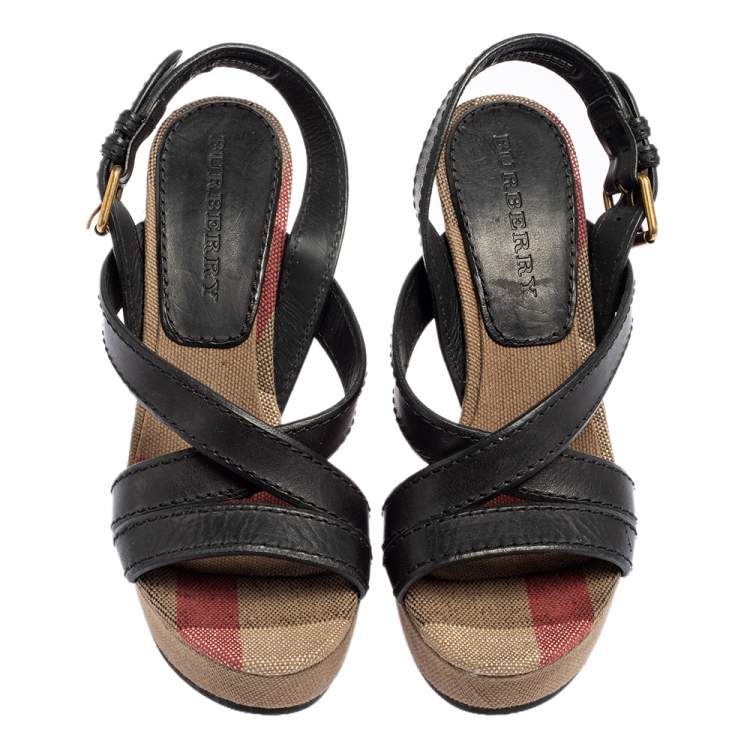 Pre Owned Burberry Black Leather and Nova Check Canvas Warlow Platform Wedge Sandals Size 37.5