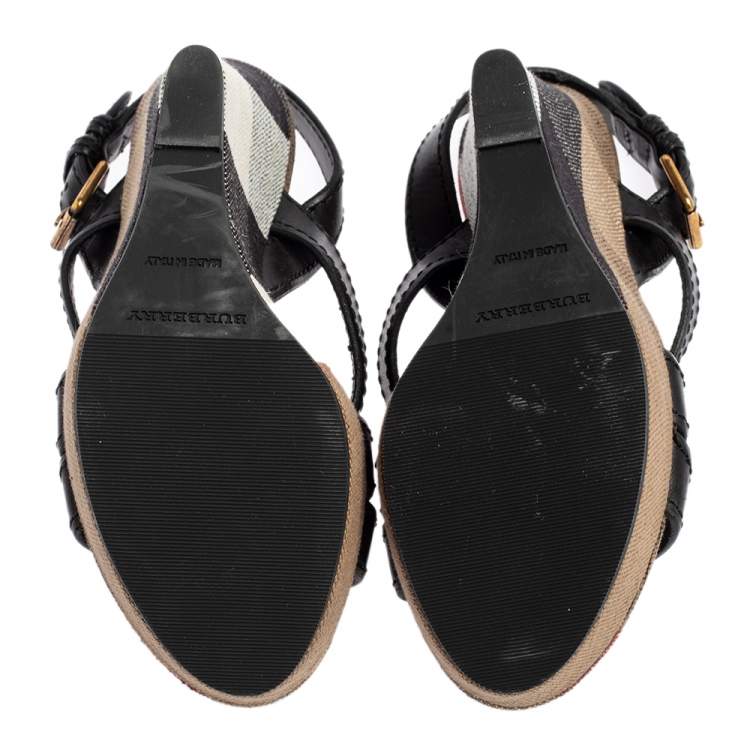 Pre Owned Burberry Black Leather and Nova Check Canvas Warlow Platform Wedge Sandals Size 37.5