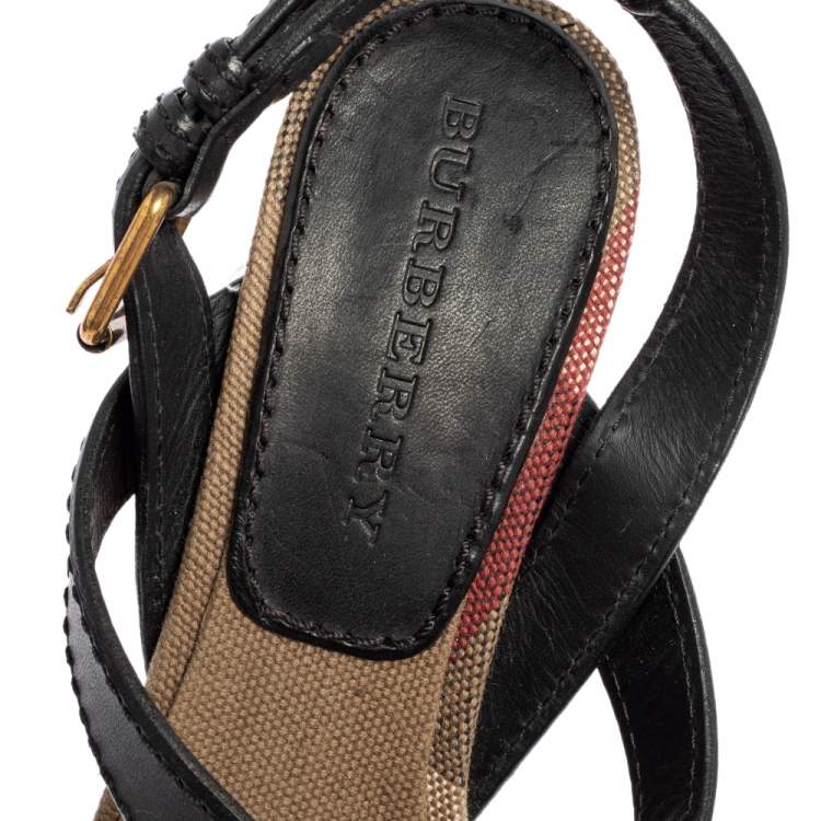 Pre Owned Burberry Black Leather and Nova Check Canvas Warlow Platform Wedge Sandals Size 37.5