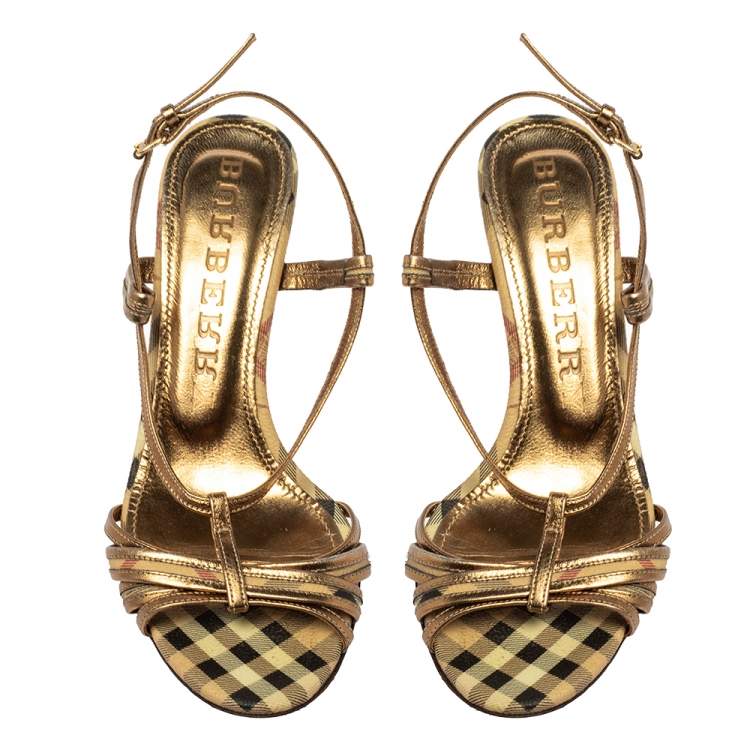 Pre Owned Burberry Gold Leather Strappy Sandals Size 38