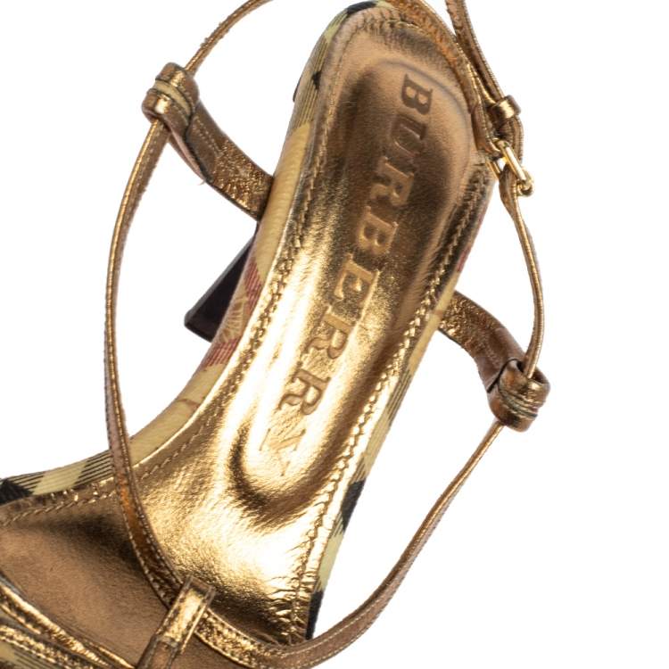 Pre Owned Burberry Gold Leather Strappy Sandals Size 38