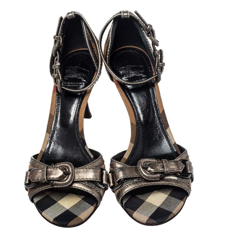 Pre Owned Burberry Beige/Grey Housecheck Canvas And Leather Ankle Strap Sandals Size 37