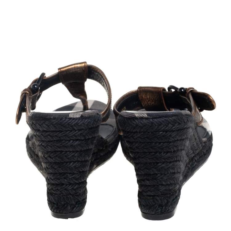 Pre Owned Burberry Metallic Bronze Leather Wedge Espadrille Thong Slide Sandals Size 39
