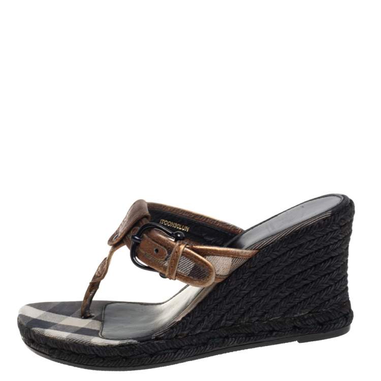 Pre Owned Burberry Metallic Bronze Leather Wedge Espadrille Thong Slide Sandals Size 39