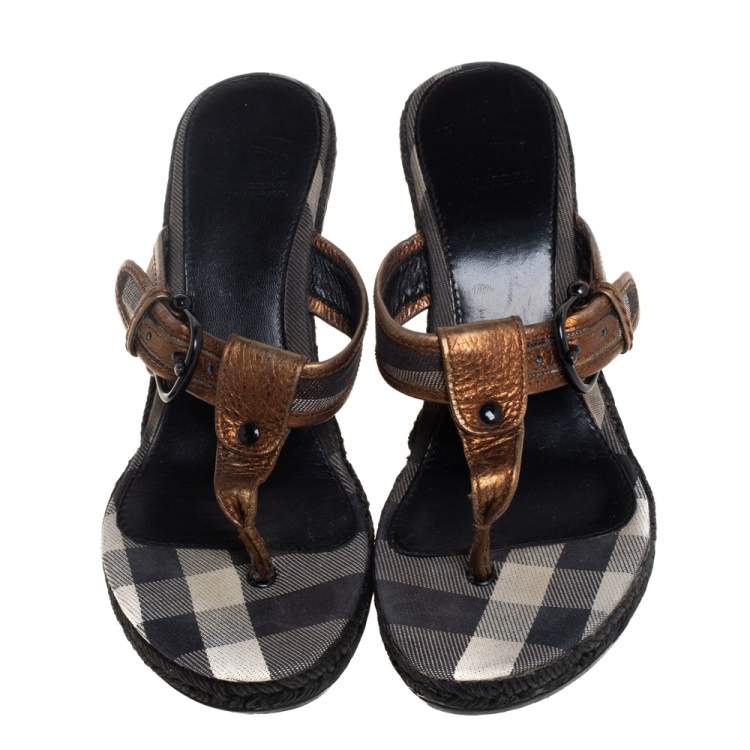 Pre Owned Burberry Metallic Bronze Leather Wedge Espadrille Thong Slide Sandals Size 39