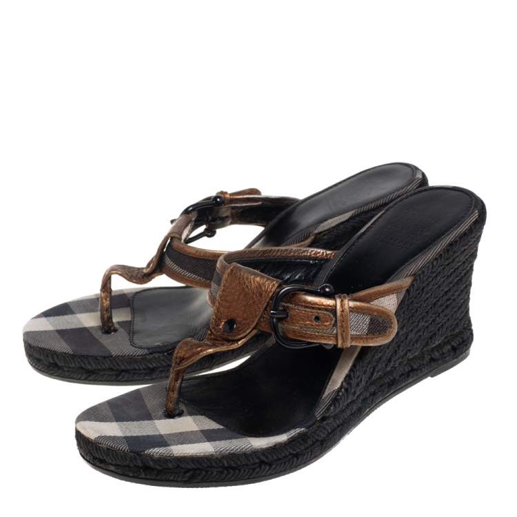 Pre Owned Burberry Metallic Bronze Leather Wedge Espadrille Thong Slide Sandals Size 39