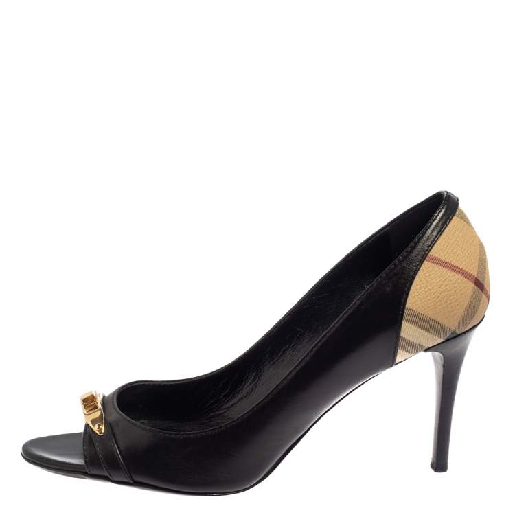 Pre Owned Burberry Black/Beige Nova Check Canvas And Leather Peep Toe Pumps Size 40