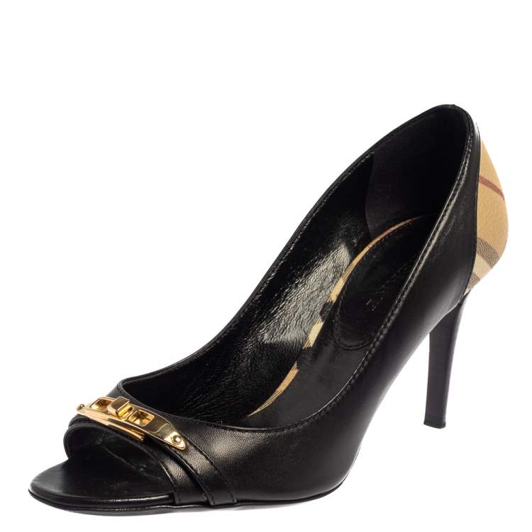 Pre Owned Burberry Black/Beige Nova Check Canvas And Leather Peep Toe Pumps Size 40