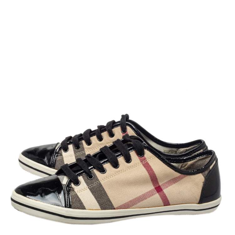 Pre Owned Burberry Beige/Black Novacheck Canvas And Patent Leather Cap Toe Low Top Sneakers Size 40