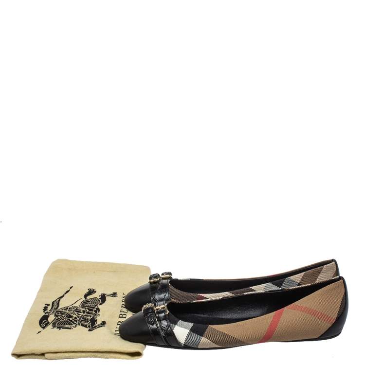 Pre Owned Burberry Multicolor Leather And Canvas Buckle Detail Ballet Flats Size 40