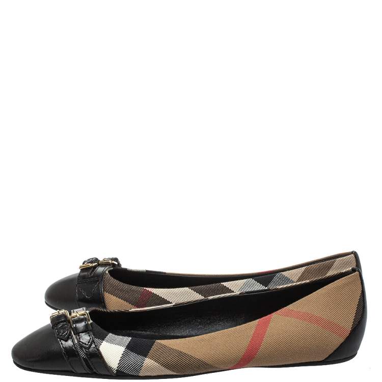 Pre Owned Burberry Multicolor Leather And Canvas Buckle Detail Ballet Flats Size 40