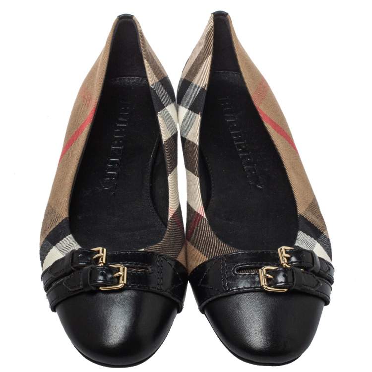 Pre Owned Burberry Multicolor Leather And Canvas Buckle Detail Ballet Flats Size 40