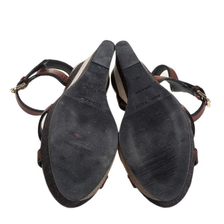 Pre Owned Burberry Brown Leather Whelan Wedge Sandals Size 40.5 