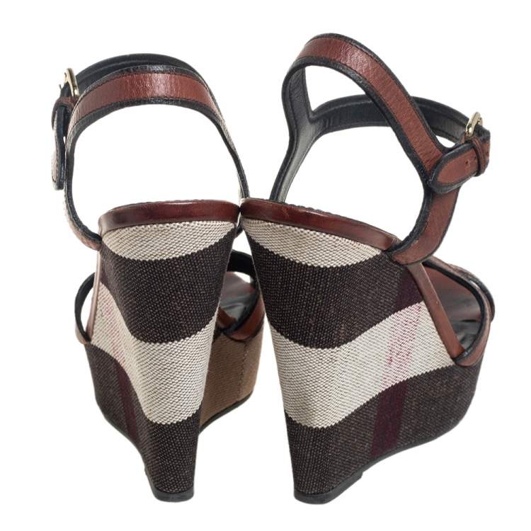 Pre Owned Burberry Brown Leather Whelan Wedge Sandals Size 40.5 