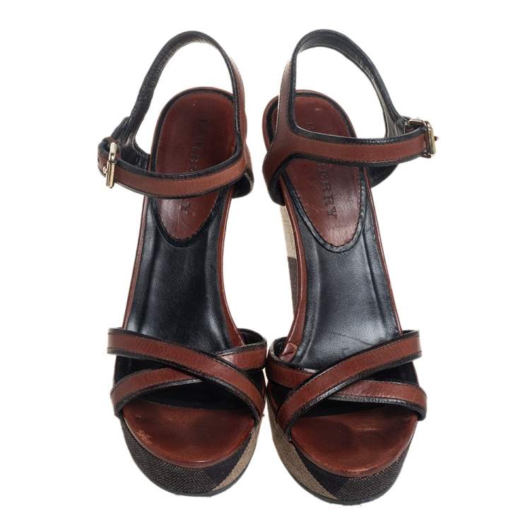 Pre Owned Burberry Brown Leather Whelan Wedge Sandals Size 40.5 