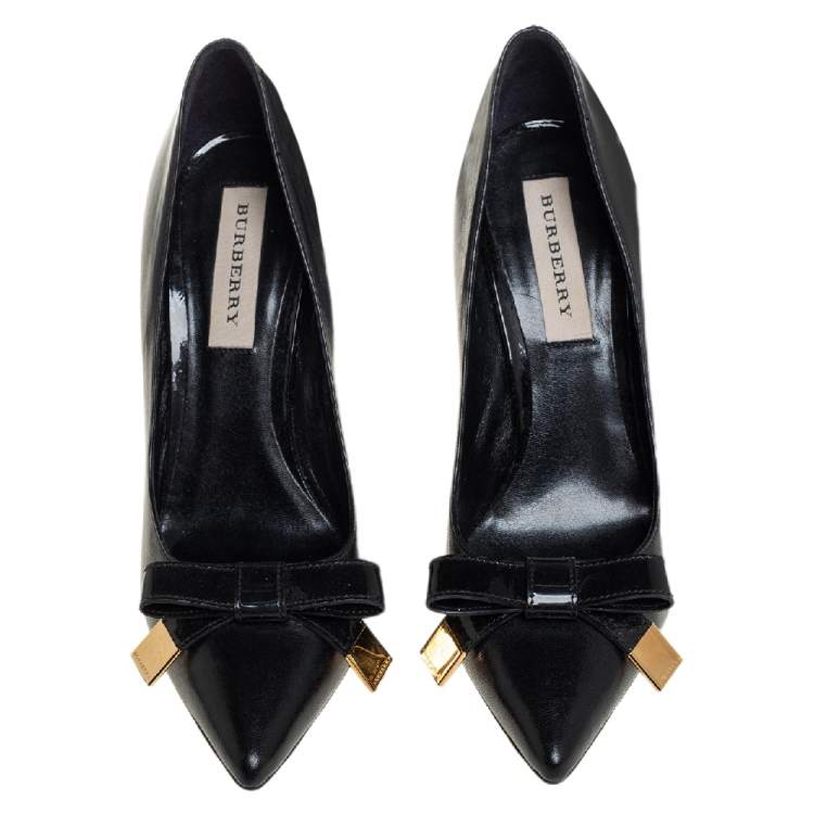 Pre Owned Burberry Black Leather And Patent Bow Detail Pointed Toe Pumps Size 37.5