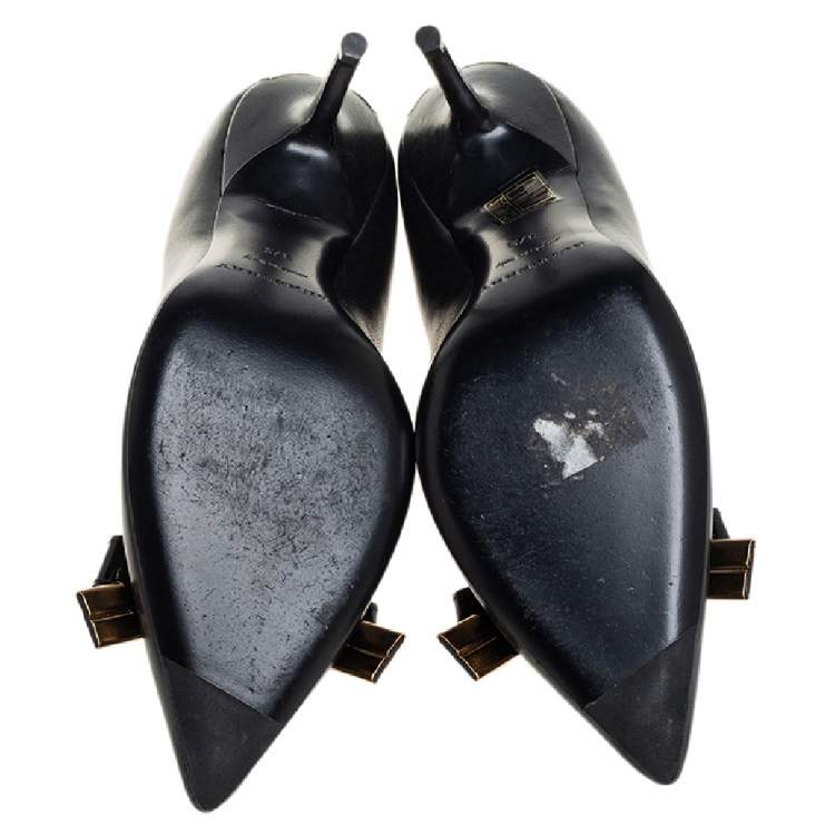 Pre Owned Burberry Black Leather And Patent Bow Detail Pointed Toe Pumps Size 37.5