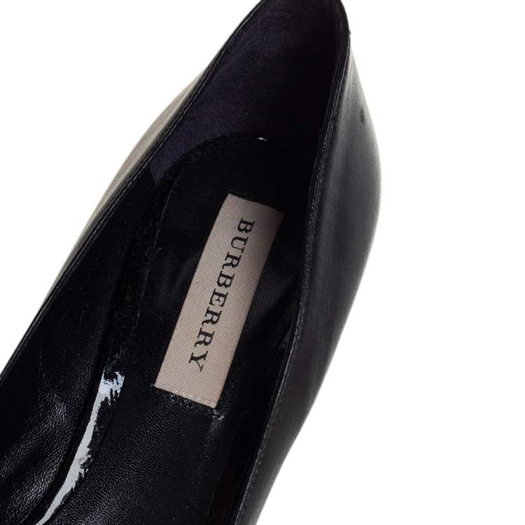 Pre Owned Burberry Black Leather And Patent Bow Detail Pointed Toe Pumps Size 37.5