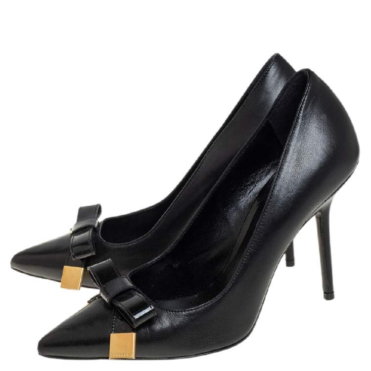 Pre Owned Burberry Black Leather And Patent Bow Detail Pointed Toe Pumps Size 37.5