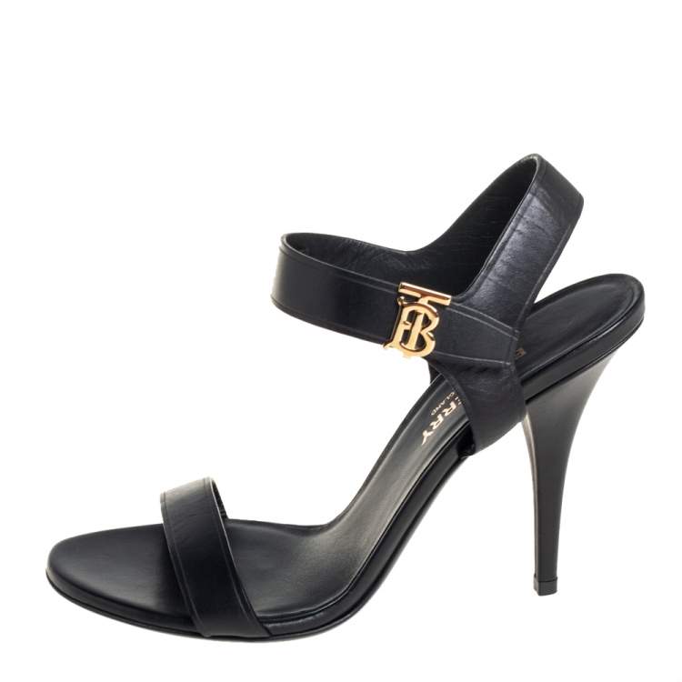 Pre Owned Burberry Black Leather Motif Ankle Strap Sandals Size 36