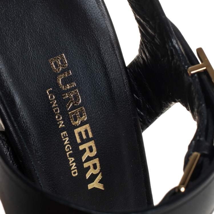 Pre Owned Burberry Black Leather Motif Ankle Strap Sandals Size 36