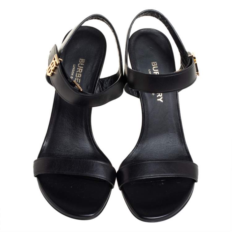 Pre Owned Burberry Black Leather Motif Ankle Strap Sandals Size 36