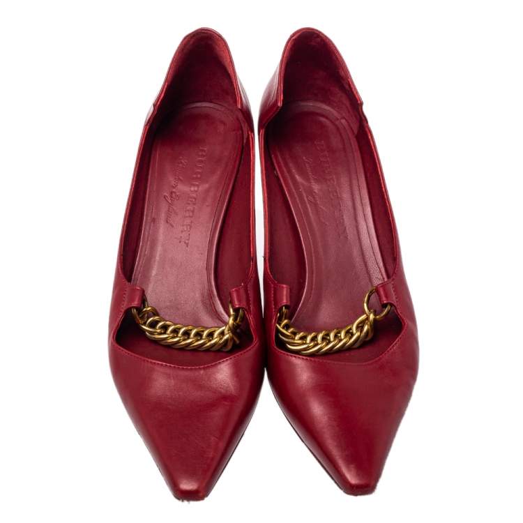 Pre Owned Burberry Red Leather Chain Embellished Pumps Size 38