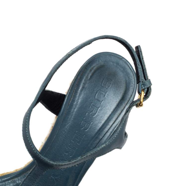 Pre Owned Burberry Blue Leather And House Check Canvas Espadrille Wedge Ankle Strap Sandals Size 37