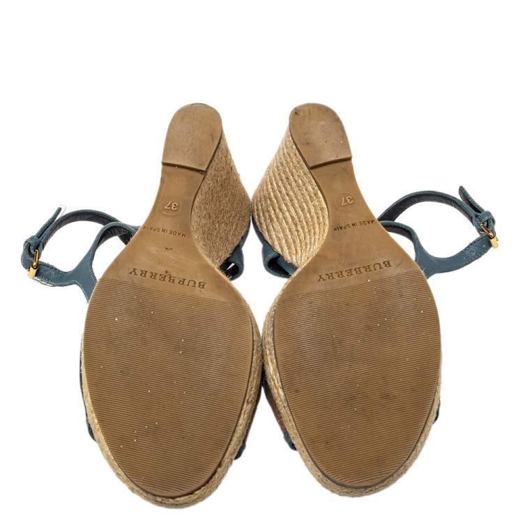 Pre Owned Burberry Blue Leather And House Check Canvas Espadrille Wedge Ankle Strap Sandals Size 37