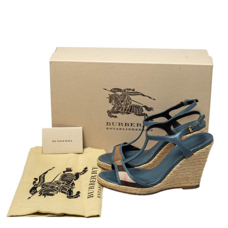 Pre Owned Burberry Blue Leather And House Check Canvas Espadrille Wedge Ankle Strap Sandals Size 37