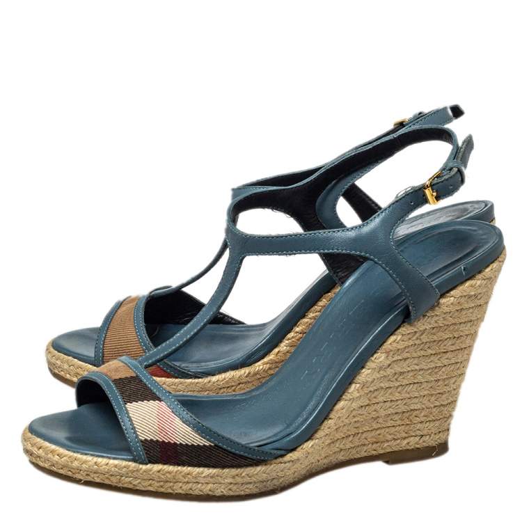 Pre Owned Burberry Blue Leather And House Check Canvas Espadrille Wedge Ankle Strap Sandals Size 37