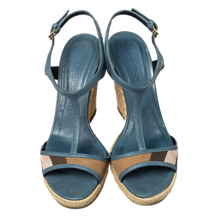 Pre Owned Burberry Blue Leather And House Check Canvas Espadrille Wedge Ankle Strap Sandals Size 37