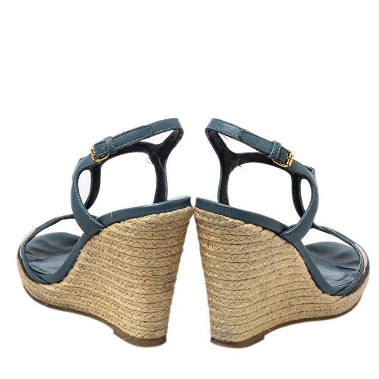Pre Owned Burberry Blue Leather And House Check Canvas Espadrille Wedge Ankle Strap Sandals Size 37