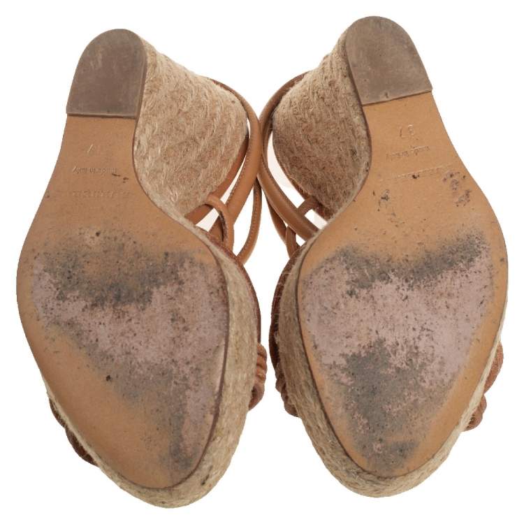Pre Owned Burberry Brown Leather Strappy Wedge Espadrille Sandals Size 37