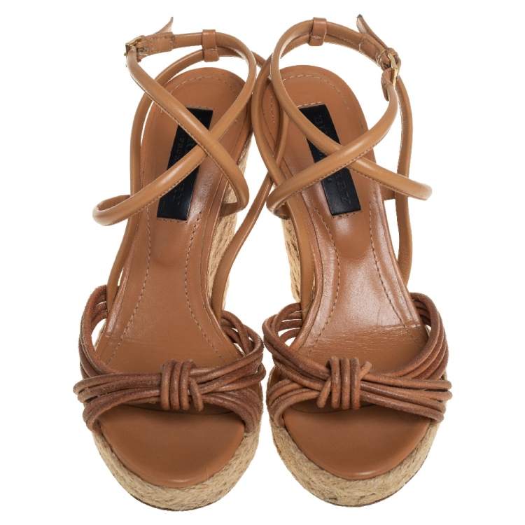 Pre Owned Burberry Brown Leather Strappy Wedge Espadrille Sandals Size 37