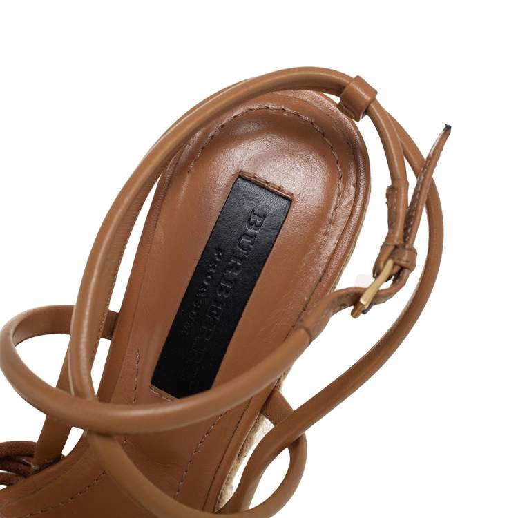 Pre Owned Burberry Brown Leather Strappy Wedge Espadrille Sandals Size 37