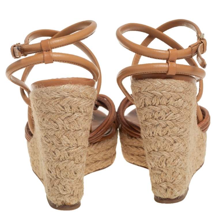 Pre Owned Burberry Brown Leather Strappy Wedge Espadrille Sandals Size 37