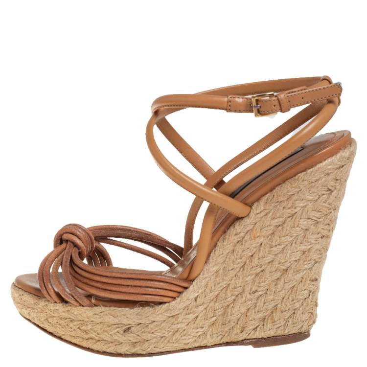 Pre Owned Burberry Brown Leather Strappy Wedge Espadrille Sandals Size 37