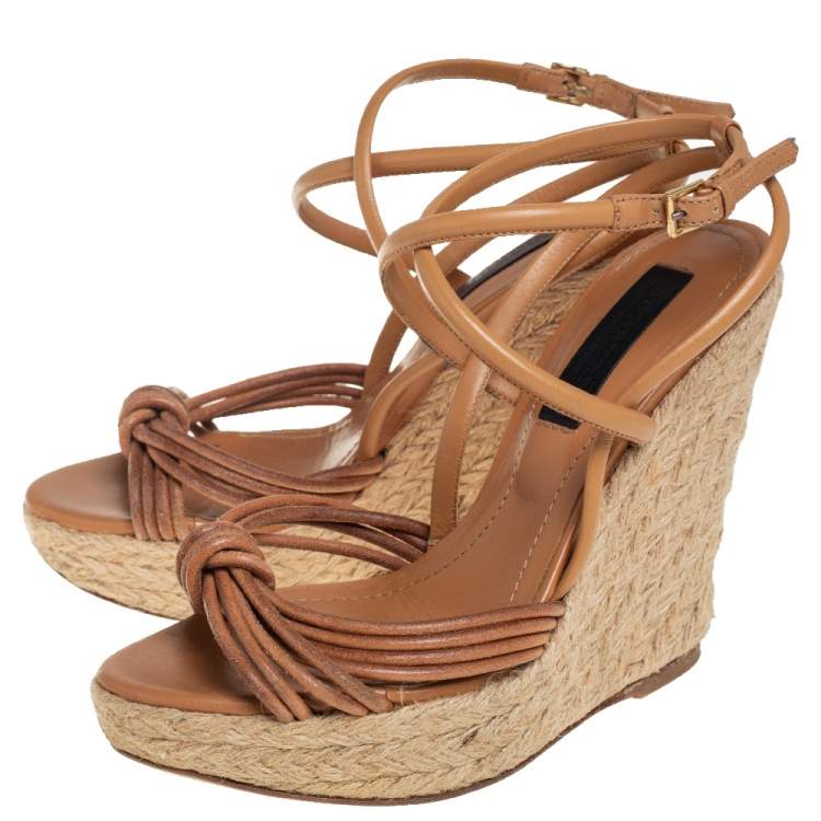 Pre Owned Burberry Brown Leather Strappy Wedge Espadrille Sandals Size 37