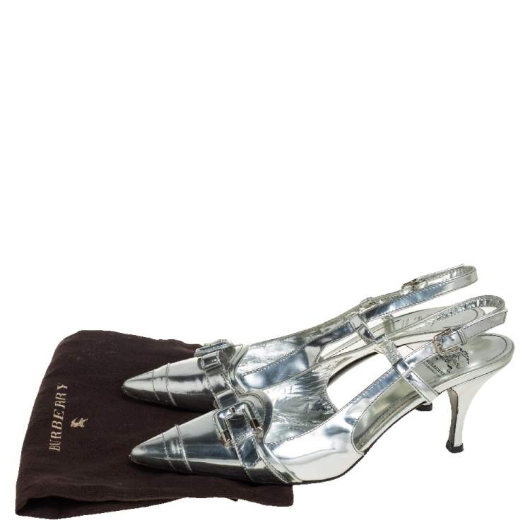 Pre Owned Burberry Silver Patent Leather Slingback Sandals Size 39