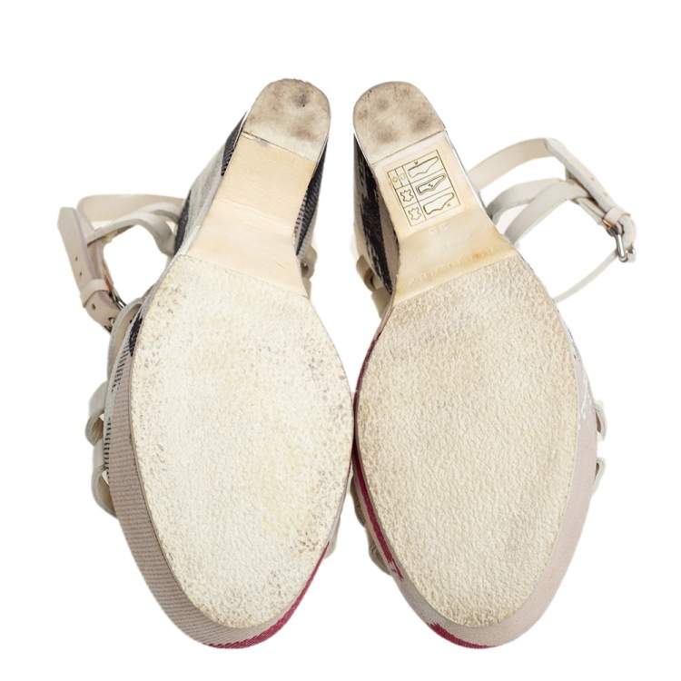 Pre Owned Burberry White Leather Ankle Strap Wedge Platform Sandals Size 36