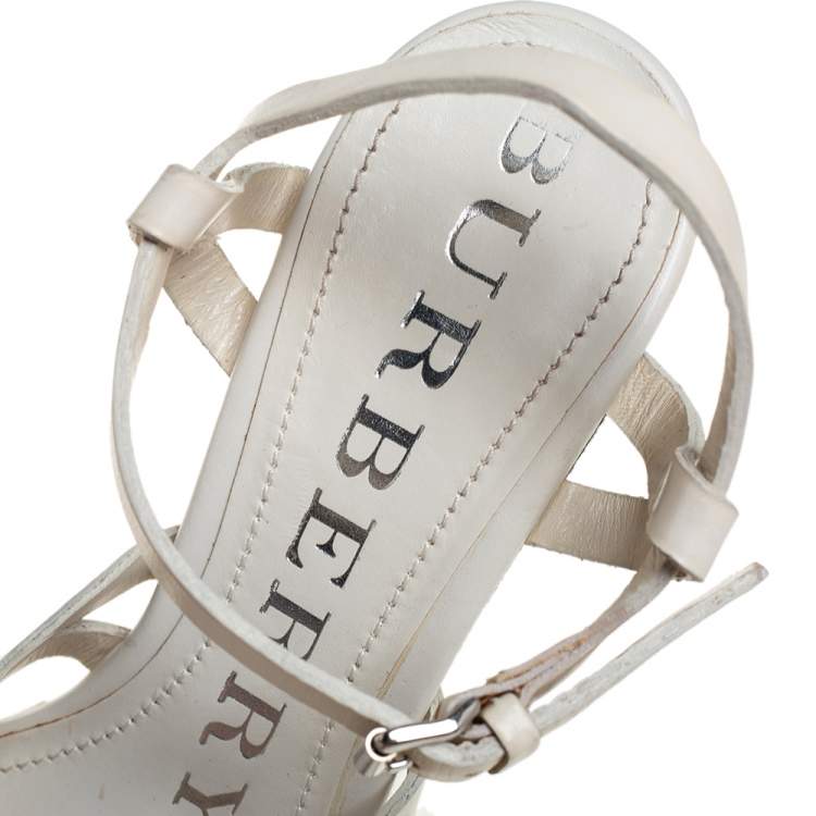 Pre Owned Burberry White Leather Ankle Strap Wedge Platform Sandals Size 36
