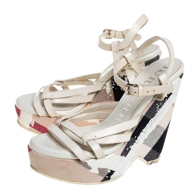 Pre Owned Burberry White Leather Ankle Strap Wedge Platform Sandals Size 36
