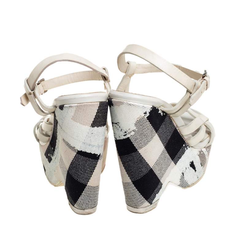 Pre Owned Burberry White Leather Ankle Strap Wedge Platform Sandals Size 36