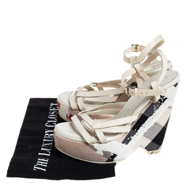 Pre Owned Burberry White Leather Ankle Strap Wedge Platform Sandals Size 36