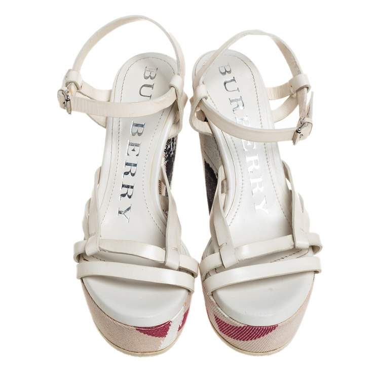 Pre Owned Burberry White Leather Ankle Strap Wedge Platform Sandals Size 36